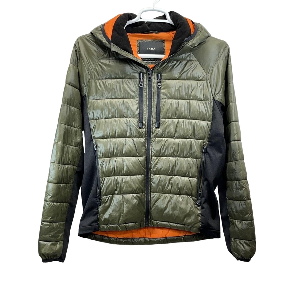 Zara Women's Green Black Hooded‎ Quilted Chest/Hip Pockets Puffer Jacket Large